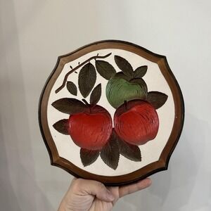 VTG Chalkware Red Green Apples Wall Plauque Art 9 1/2 x 9 1/2 Grannycore Cottage